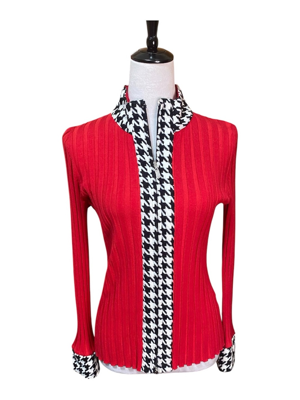 Belldini Red Ribbed Zip-Front Sweater with Houndstooth Trim